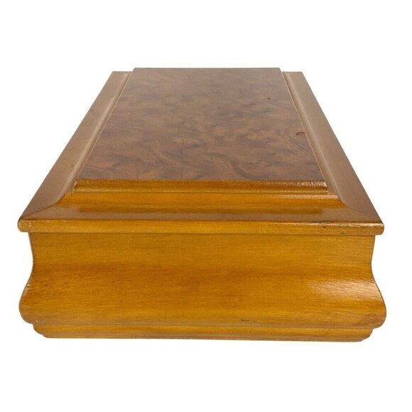 Blonde Wood Jewelry Box Burl Veneer Lid 2 Tiers Velvet Lining Mirror 1980s - Picture 9 of 10